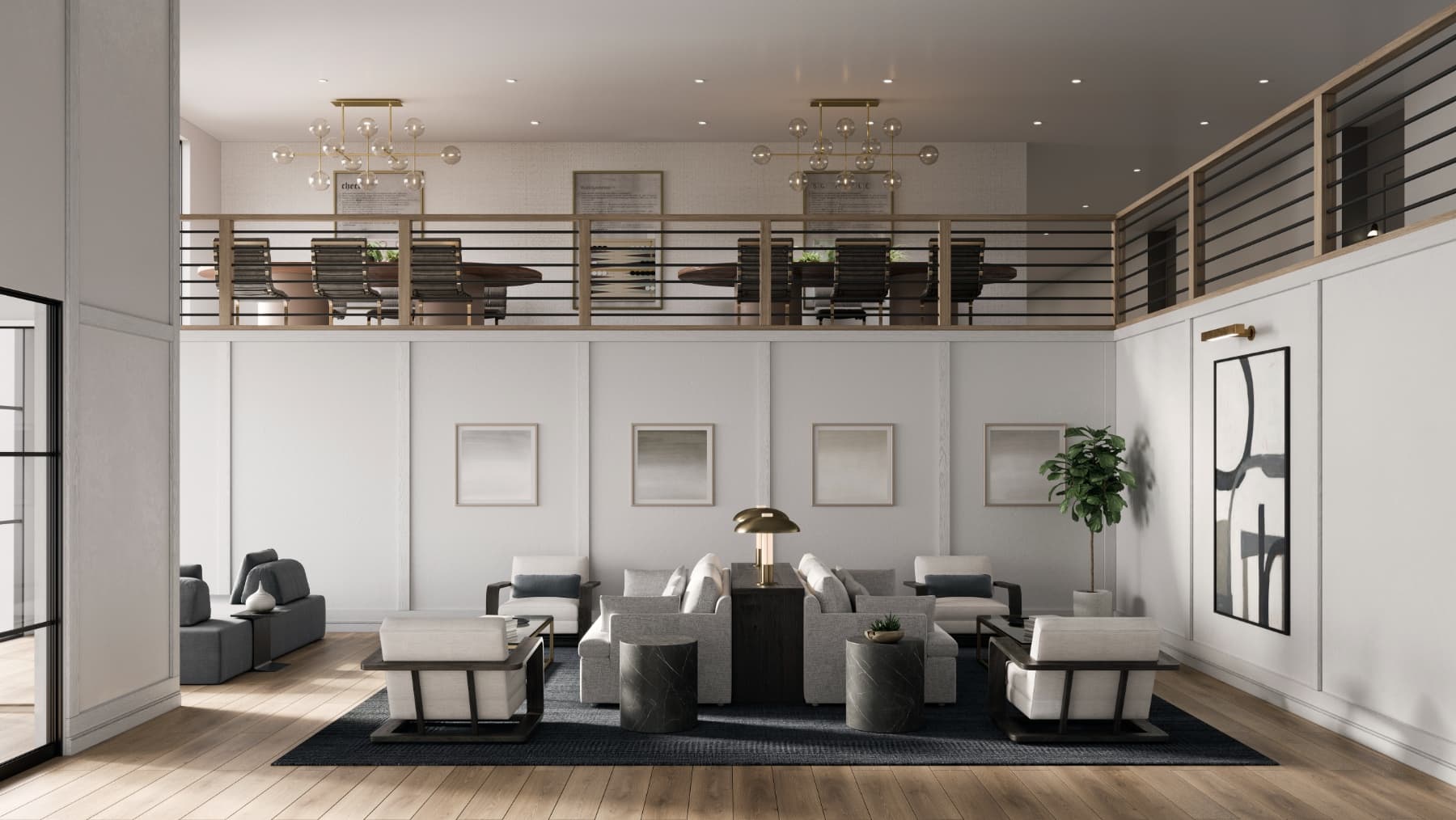 Apartment available at Livana East Hanover with seating area with several couches and chairs surrounded by paintings with conference tables